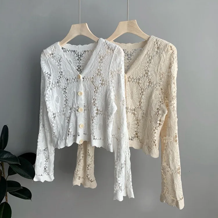 

C5579 Lace Crochet Coat For Women Knitted Lace Coat Hollow Out Cardigan Outwear Sweater Tops