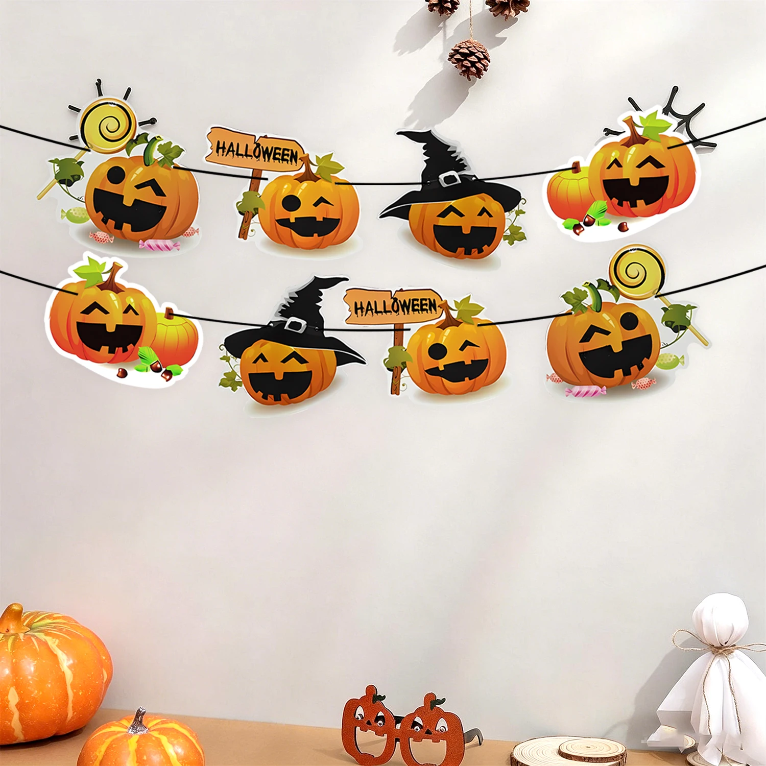 Guirnalda de Papel de Calabaza de Halloween, Decoración Colgante de Sombrero de Bruja y Jack O'Lantern para el Hogar, Fiestas, Tiendas, Ventanas y Paredes