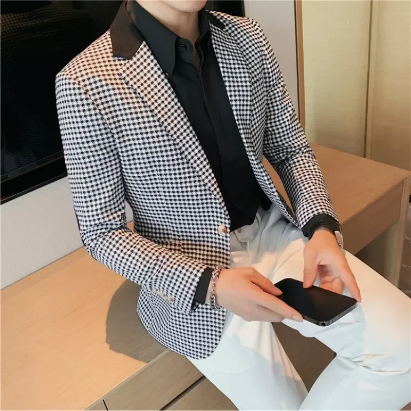 High Quality Suit Men's British Style Slim Elegant Fashion Business Casual Dress Tuxedo Spliced Collar Plover Case Blazer Jacket