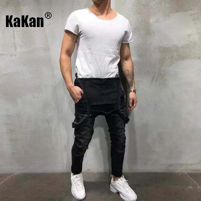 Kakan - European and American New Trendy Perforated Strap Jeans for Men, Dark Blue Black One Piece Long Jeans K45-828