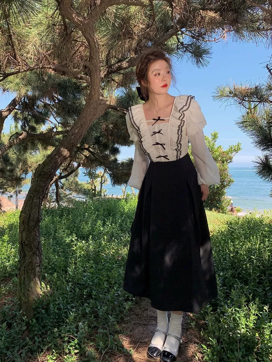 Sukienka Lolita w stylu francuskim vintage Y2K, wyszczuplająca, z falbankowymi rękawami, słodka, optycznie odmładzająca, długa spódnica, dwuczęściowy zestaw damski, podkreślający temperament.