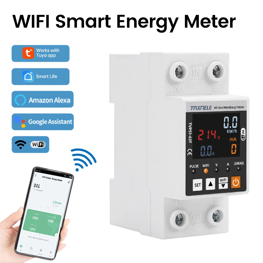 63A TUYA APP WiFi Smart Circuit Earth Leakage Over Under Voltage Protector Relay Device Switch Breaker Energy Power kWh Meter