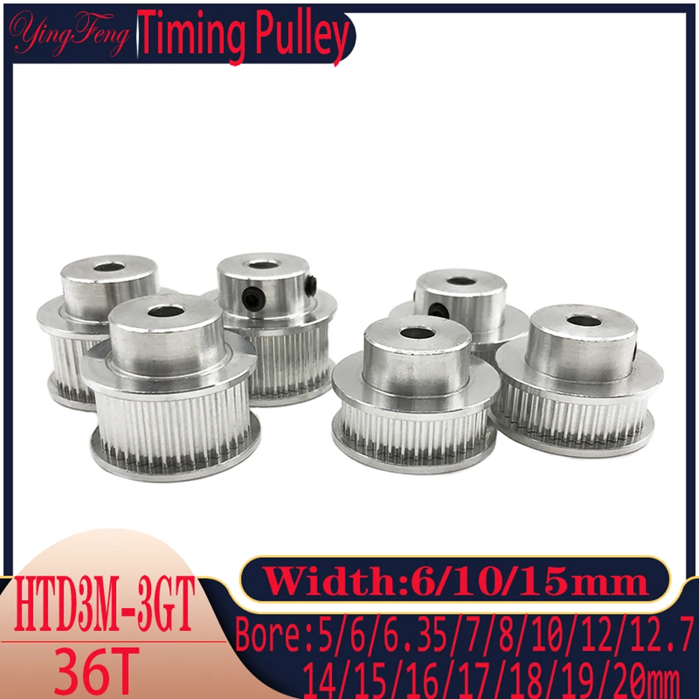 HTD3M Aluminum Belt Pulley With 36 Tooth Holes of 5/6~19/20mm for Synchronous Wheel Width of 6/10/15mm 36T Gear Pitch of 3mm