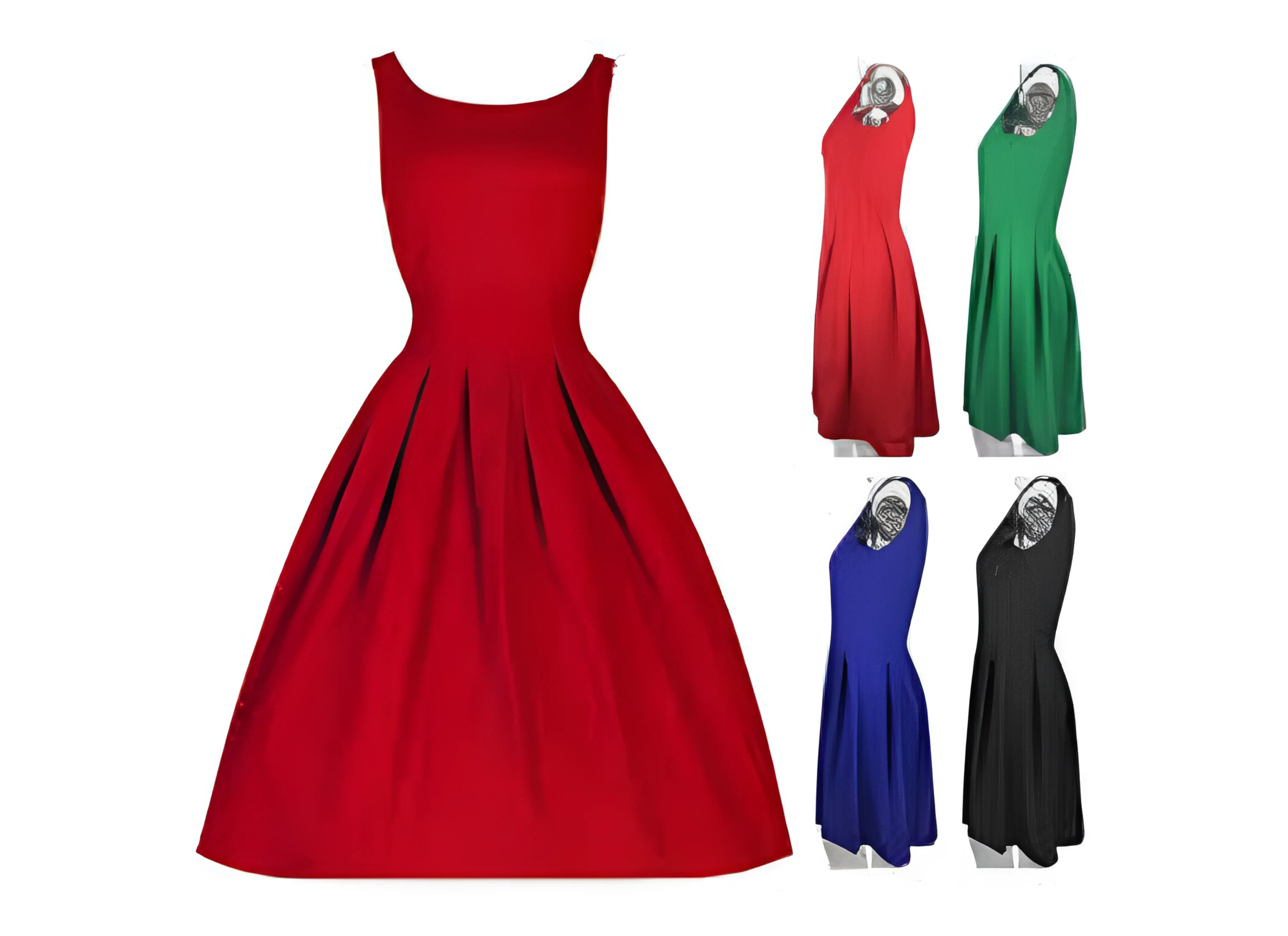 Einfache Sommerkleider für Damen, einfarbig, U-Ausschnitt, ärmellos, plissierte Taille, A-Linie, großer Saum, mittellanges, lässiges Partykleid