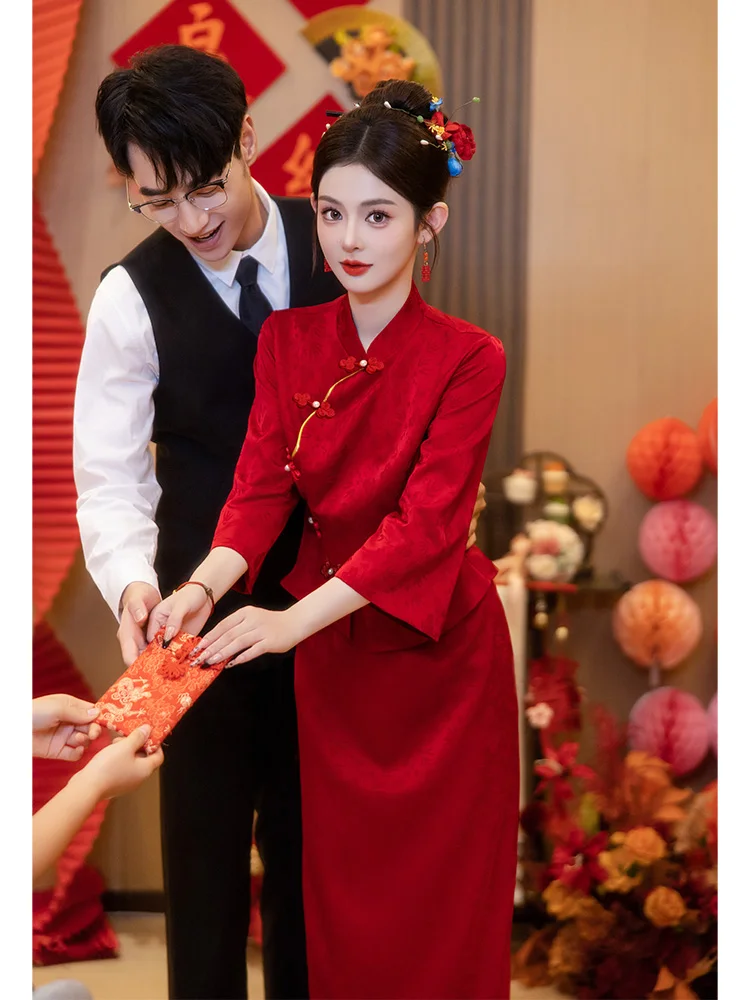 

Red New Chinese Sle Wedding Dr Set for Bride Spring Summer Wedding Ceremony Long Skirt Vintage Pearls Embellied