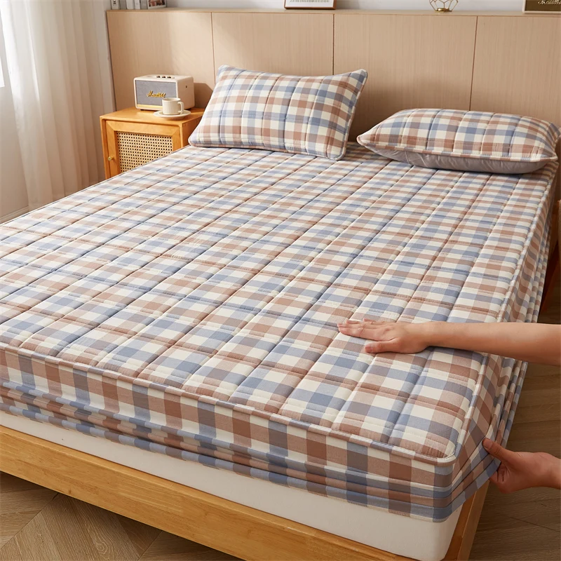 100% Cotton Bed Cover Plaid Style Mattress Protector Thick Fitted Bedsheet Home Bed Linen покрывалоо для кровати (No Pillowcase)