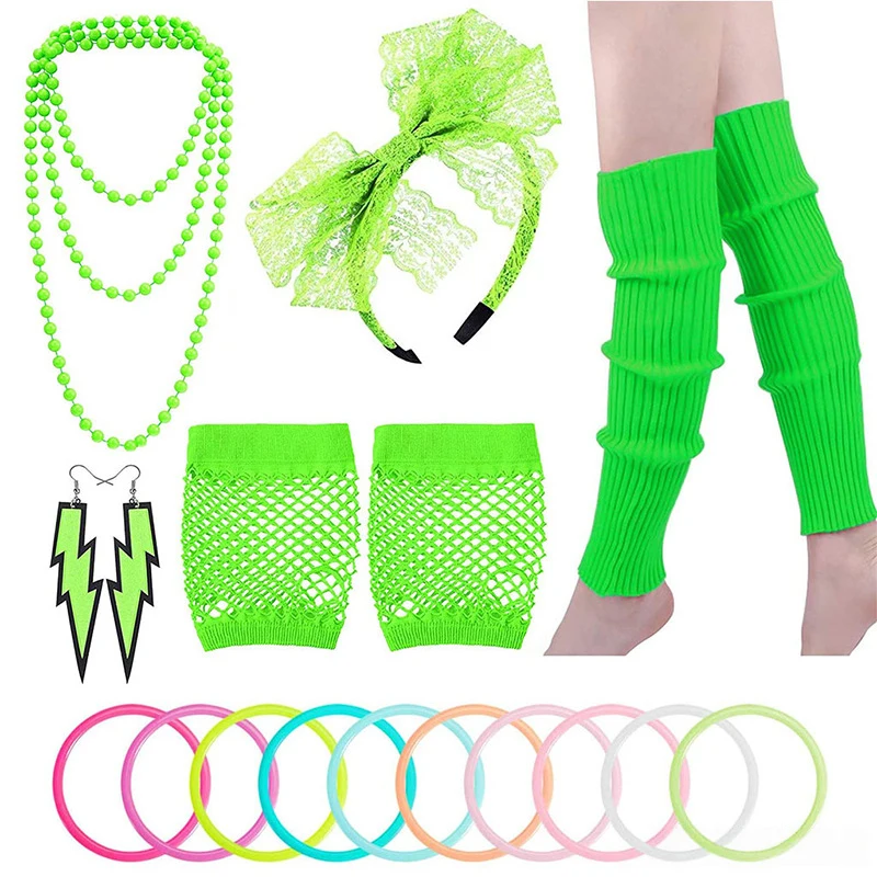 الملونة 90s 80s الزي اكسسوارات مجموعة 80s فستان بتصميم حالم المرحلة زي رباط شعر قلادة سوار صافي قفازات جوارب السيقان الرجعية