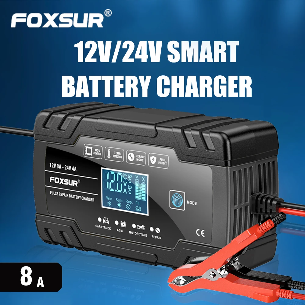 

FOXSUR 12V 24V 8A Pulse Repair Charger with LCD Display, Motorcycle & Car Battery Charger, AGM Deep cycle GEL Lead-Acid Charger