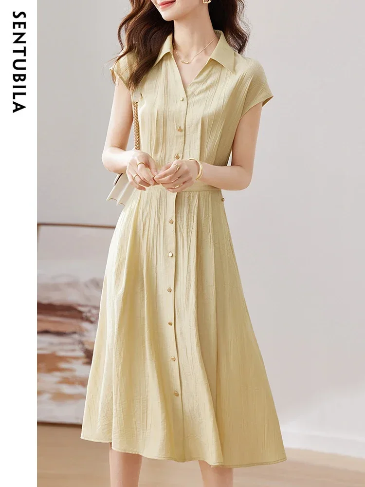 SENTUBILA Summer Shirt Dresses Women 2024 Office Lady Drop Short Sleeves Elastic Waist A Line Flowy Midi Elegant Dress 132L48557