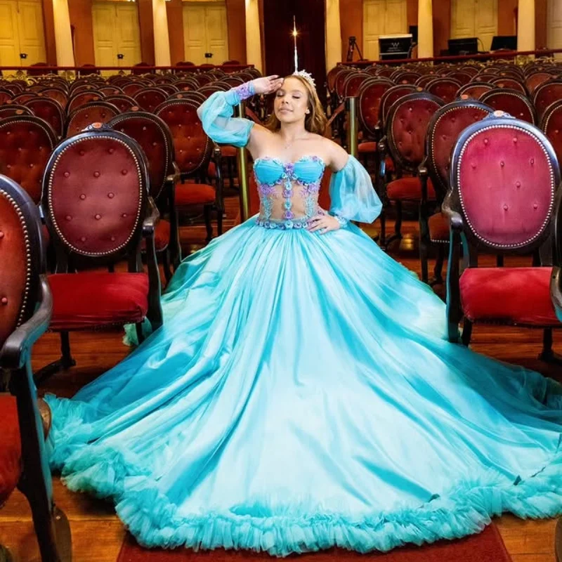 

Peacock Blue Quinceanera Dresses Off the Shoulder 3D Flower Decal Appliques Lace Layering Long tail Bow Vestido De 15 Quinceane