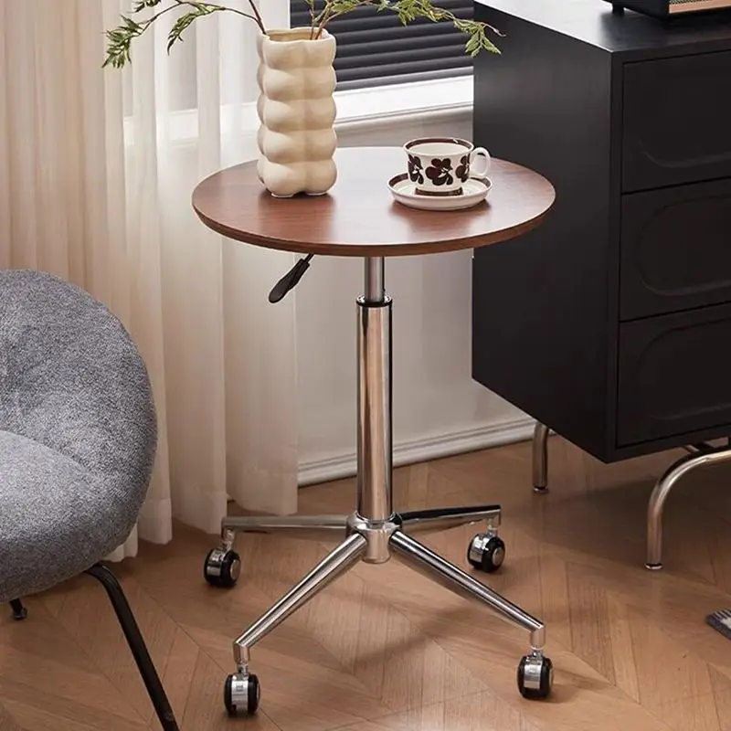 Adjustable Height Round Sofa Table With Wheels Walnut Wood Top Chrome Metal Base Mobile End Table For Living Room