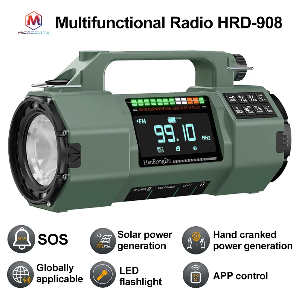 Nieuwe multifunctionele buitenradio FM/MW/SW/VHF/WB, handmatige noodgenerator, LED-zaklamp noodopladen SOS-alarm, 5000 mAh