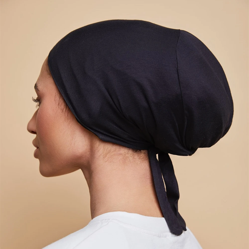 Doppelschichtige Modal-Satin-Hijab-Kappe, Islam-Unterkappe mit Krawatten-Mütze, sofortige Hijabs für Frauen, türkische Schals, muslimisches Turban-Bandana – Detail 3