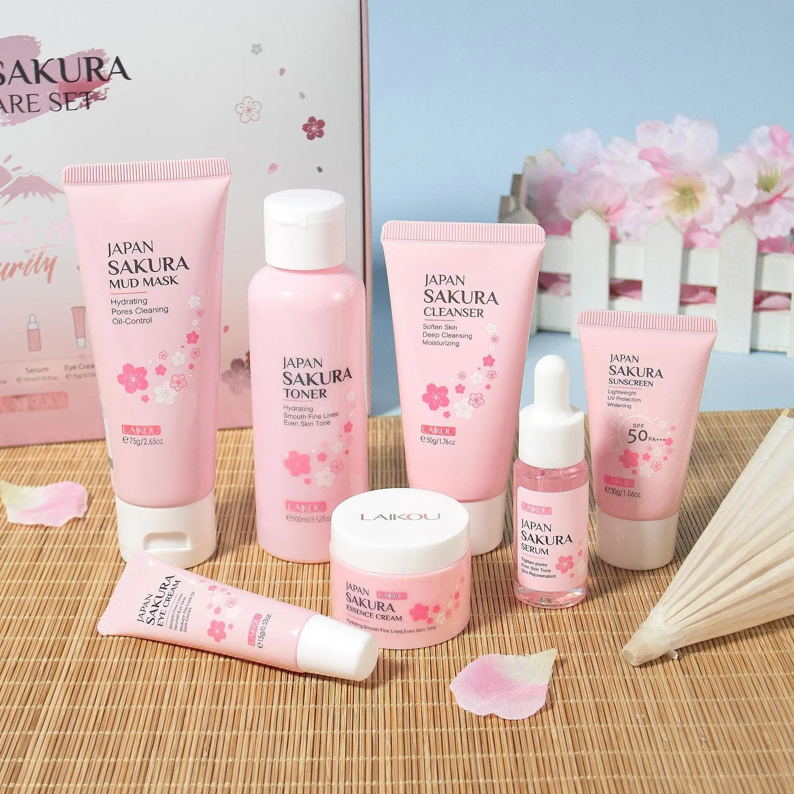 7 stks/set Gezichtsproducten Kit Sakura Huidverzorging Set Gezichtsreiniger Gezichtscrème Zonnebrandcrème Gezichtsmasker Oogcrème Huidverzorgingsproduct