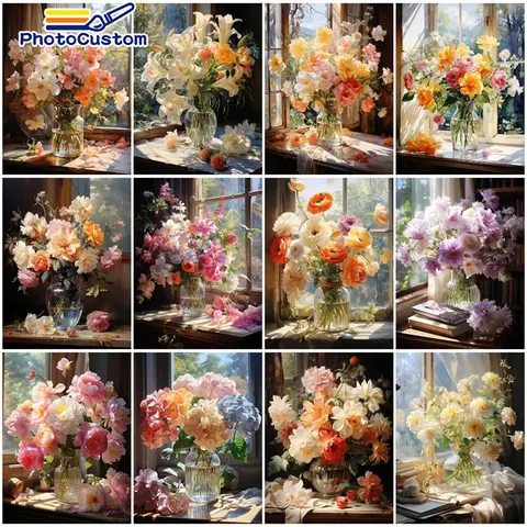 PhotoCustom DIY 공예 숫자로 그림 캔버스에 꽃 키트 숫자로 그림 거실 벽 예술 홈 드에 대한 유화
