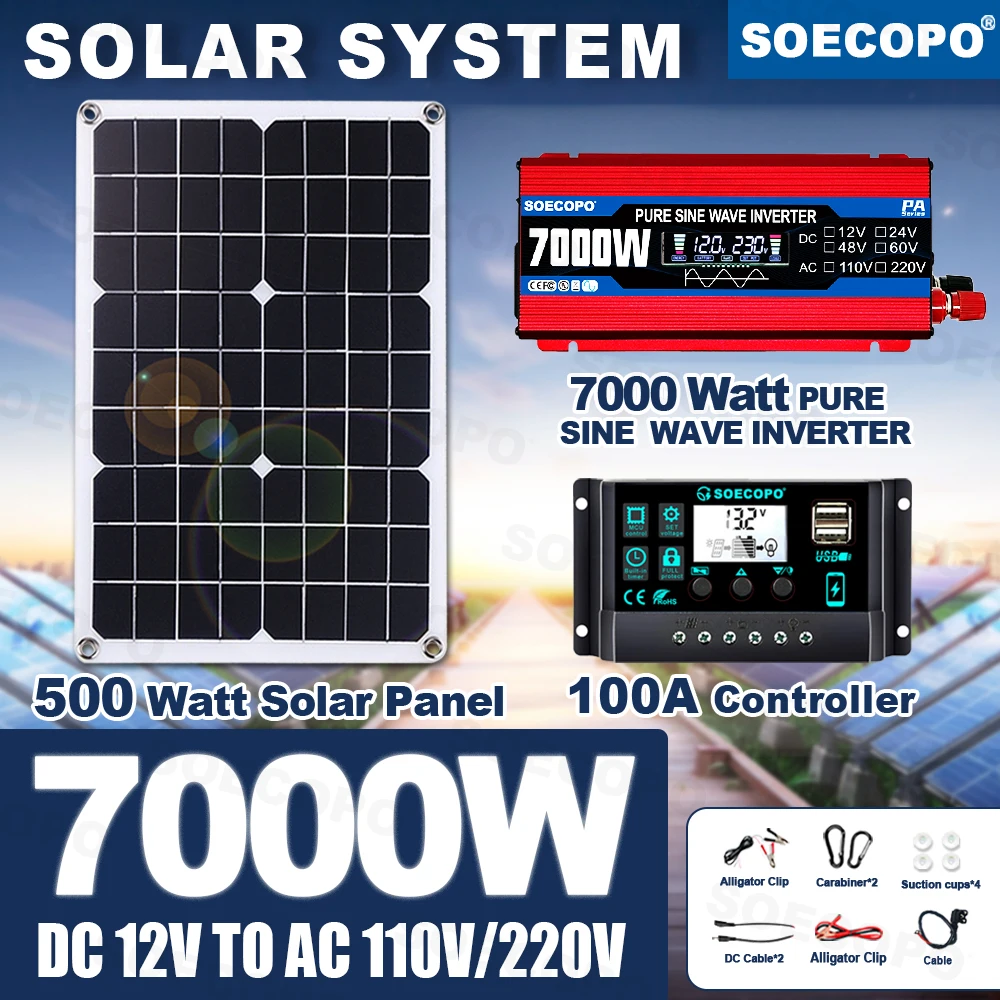 

Stable Power 7000W Peak Solar System Kit 500W Panel 100A Controller 12V To 110V 220V Pure Sine Wave Inverter for Trailer garden