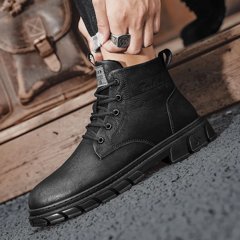 Men's Boots British Style High Top Thick Bottom Casual Shoes Mens Thickening Comfortable Soft Surface Leather Shoes Cowboy Boots