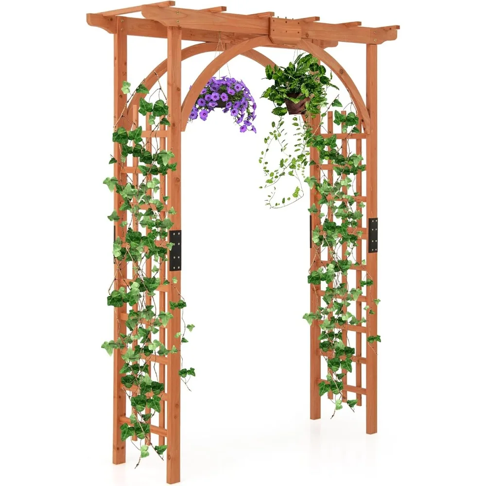 

Happygrill Wood Garden Arbor, 84 Inch Outdoor Archway Pergola w/Decorative Hanging Roof & Side Climbing Trellis, Garden Arch for