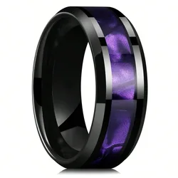 Fashion 8mm Black Stainless Steel Rings for Men Women Inlay Purple Shell High Polished Men Promise Rings Wedding Party Jewelry