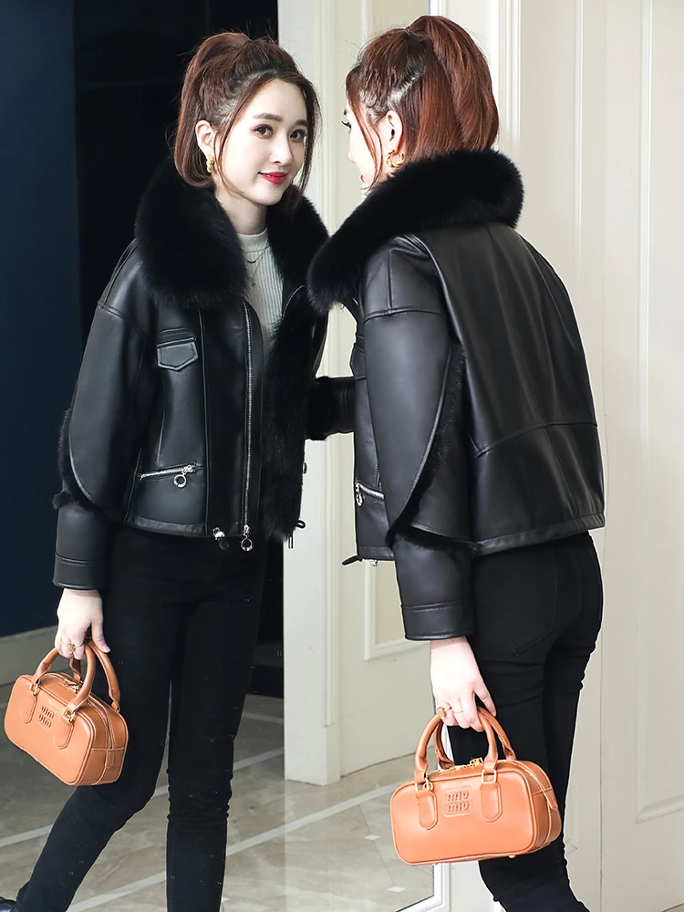 Genuine leather jacket for women's down jacket short jacket Haining fur mink fox fur lapel Korean version slim fitting jack 2023