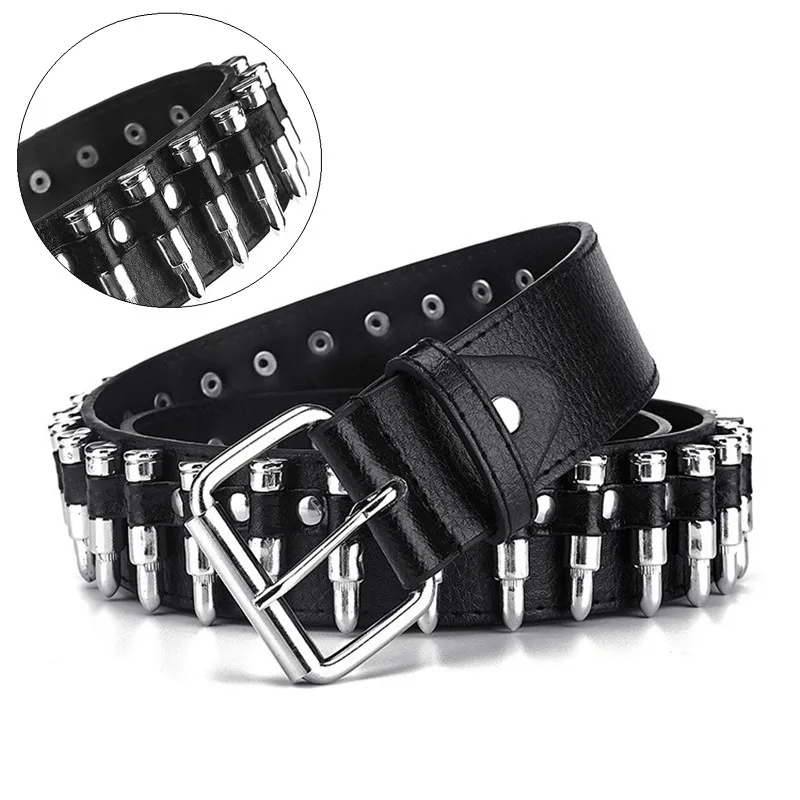 Punk Hollow Bullet Cinto Decorativo para Homens e Mulheres, Cintura Preta Ajustável, Couro, Cravejado, Goth Rock, Presente da Moda Selvagem, Senhoras