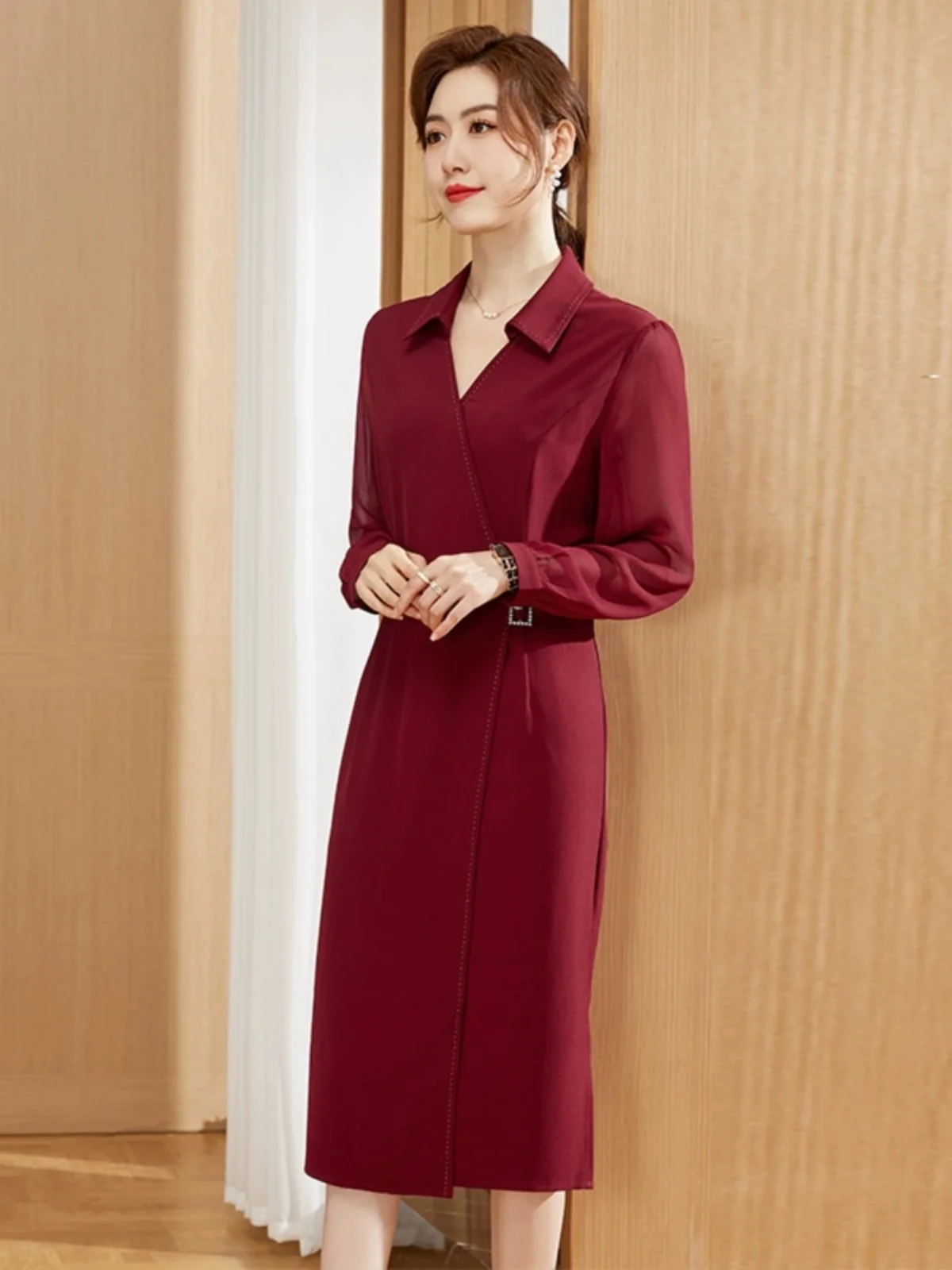 

Spring Autumn Wedding Dress Thin Style Mid-Length Casual Collar Women's Dress for Wedding Banquet And Other Occasions