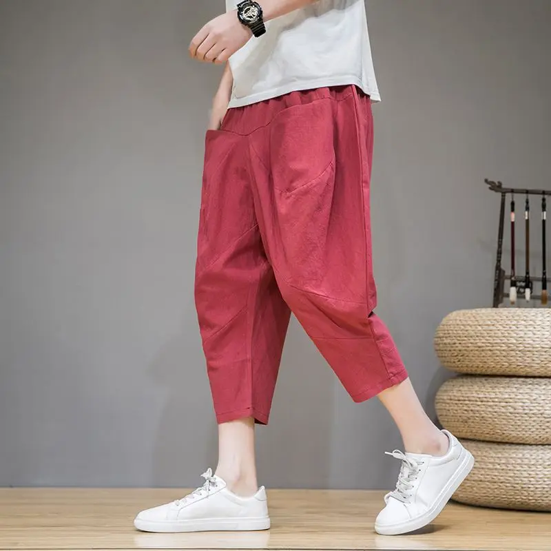 Calça de perna larga estilo chinês, calça capri de linho masculina, tamanho grande, casual que combina com tudo, jovem, verão, 2024