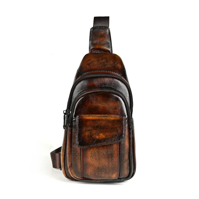 Vintage Men\'s Chest Bag in Top Layer Cowhide Leather Crossbody Outdoor Backpack