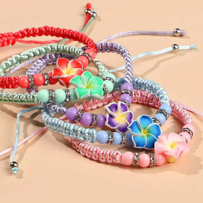 5pcs Colorful Egg Flower Adjustable Weaving Bracelet Ceramic Bohemian Hand Rope Fashion Hawaiian Party Girl Jewelry Accessories - view 2