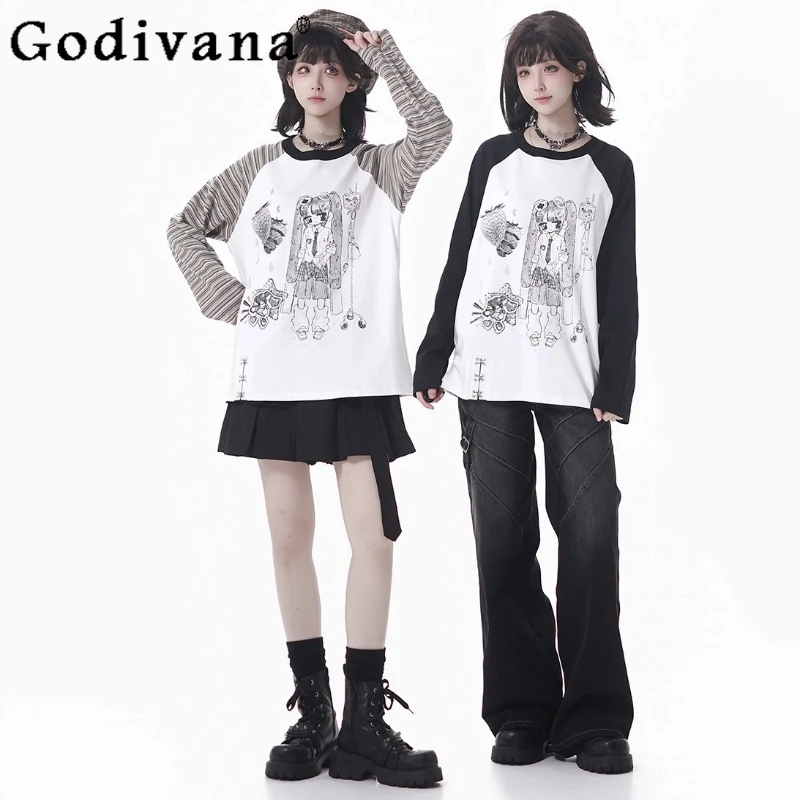 

Original Design Japanese Sweet Cool Fashion Anime Print Long Sleeve Top Girls' 2D Stripe Patchwork T-Shirt Student Y2K Pullover