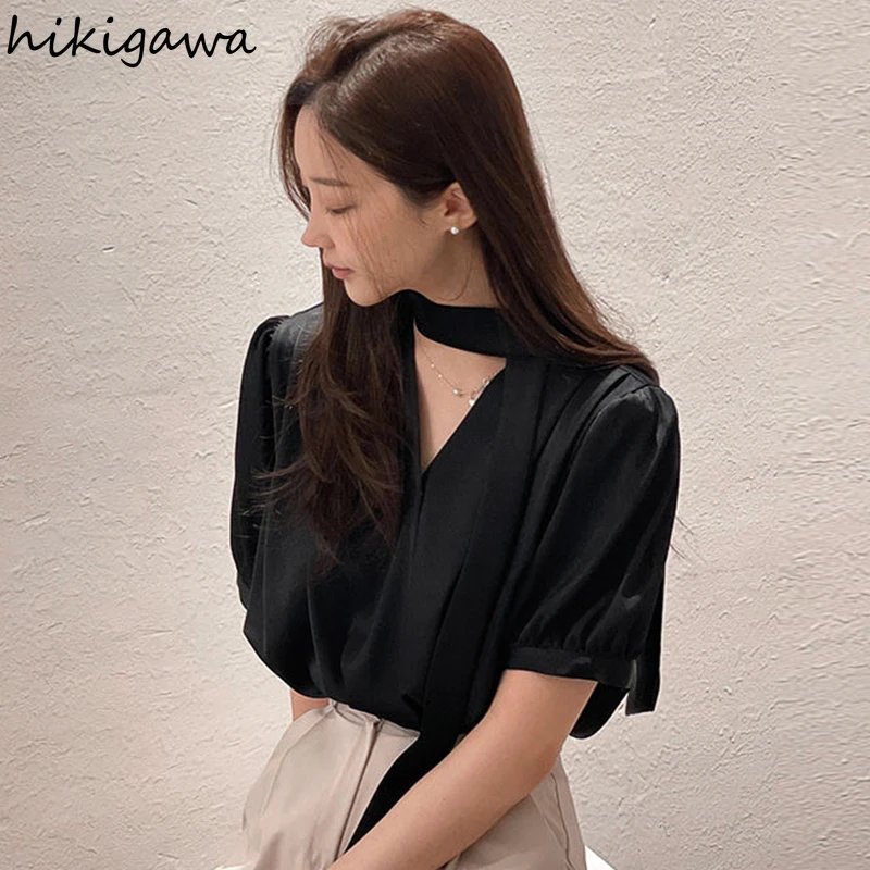 Korean Chic Blouses for Women V-neck Puff Sleeve Solid Color Shirts 2024 Blusas Mujer De Moda Vintage Summer Elegant Blouse Tops