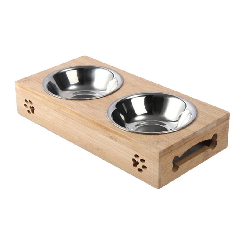 LXAF Elevated Dog Bowl Bamboo Feeder Dog Dishes with 2 Stainless Steel Bowls Help the Stomach Digest the Food Gift for Pet D