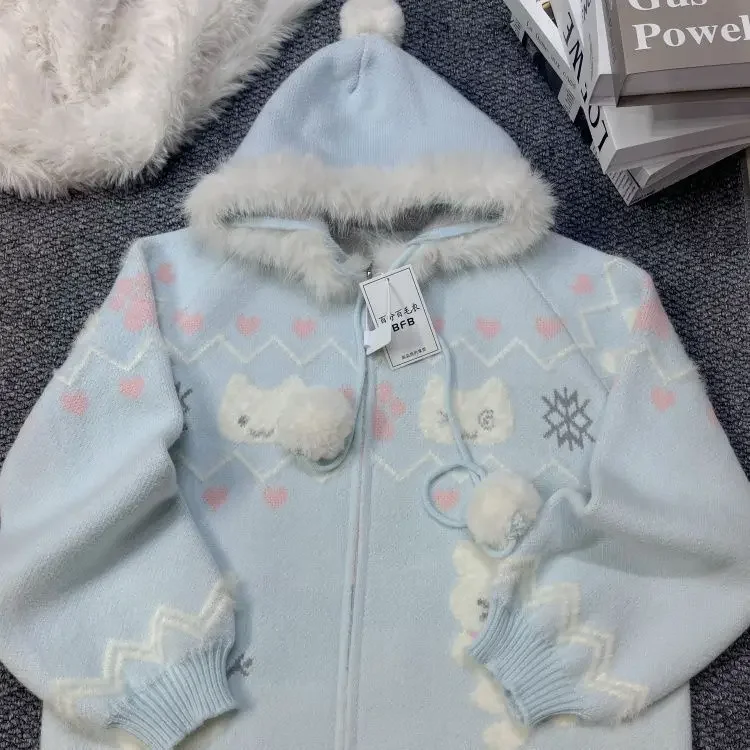 Korean Sueter Mujer Hooded Cardigan Jackets For Women 2026 Autumn Winter Clothing Pull Femme Cute Cartoon Knitting Sweater Tops