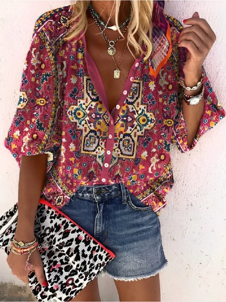 2024 New Women\'s Shirts & Blouses Fashion Vintage Printed Casual Vacation Bohemian Style Lady Single-breasted Shirt Streetwear