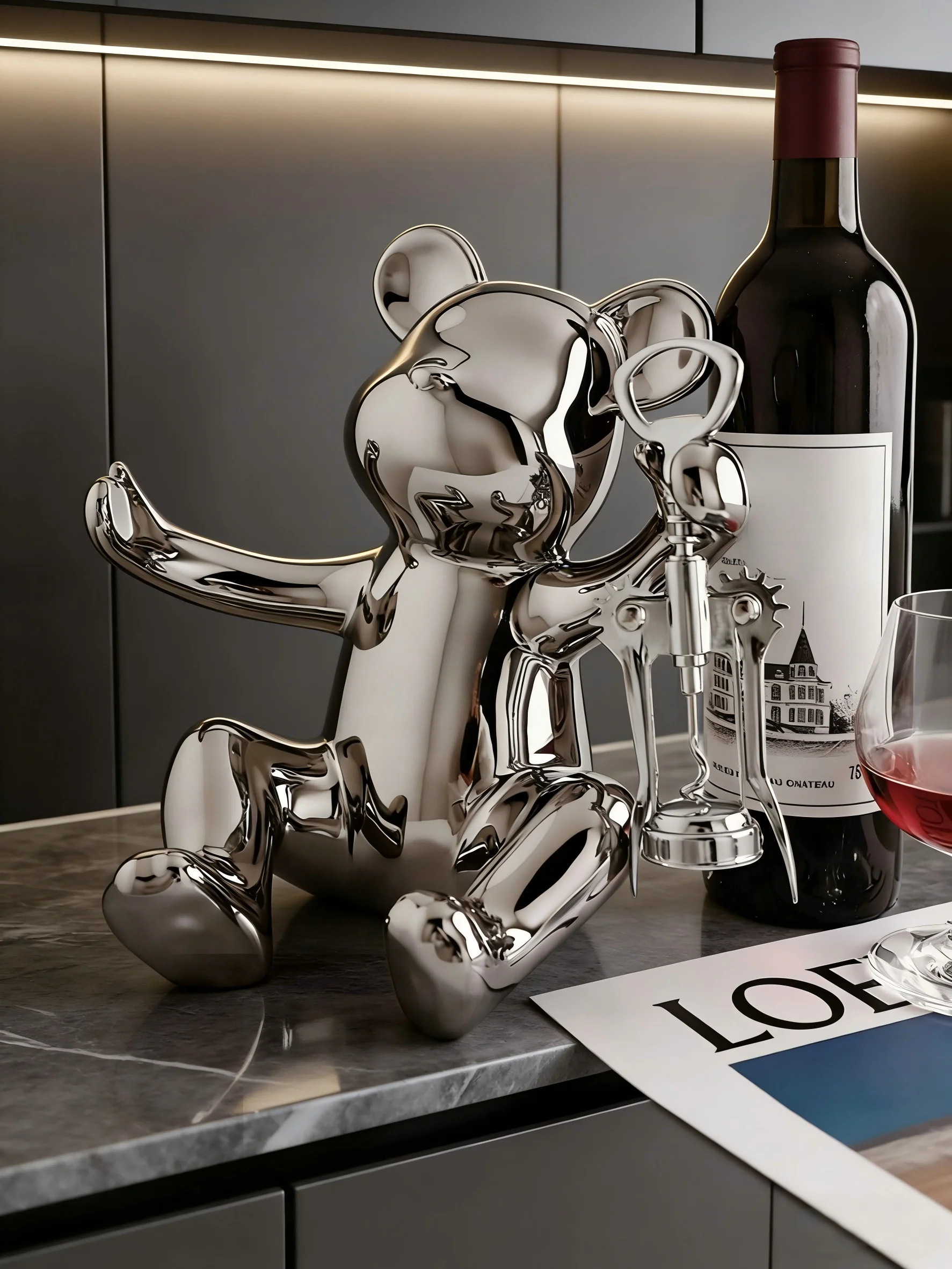 Electroplated Bear Ceramic Wine Rack with Bottle Opener, suitable for living room, bar and kitchen storage and organization.