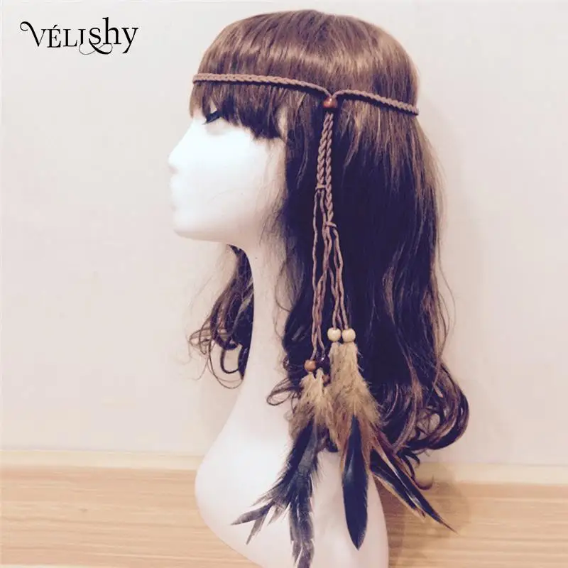Diadema de plumas indias bohemias, tocado de cuerda para el cabello, tocado Tribal Hippie, accesorios para el cabello de fiesta, 1 unidad