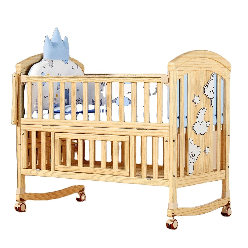 New 2023 Solid Wood Baby Crib Adjustable Wheels Comfortable Baby Cradle Beds For Newborn