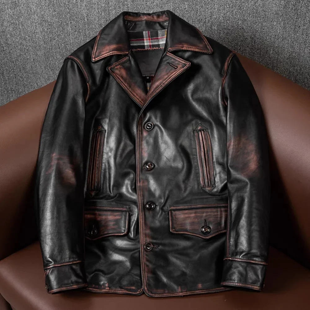 Retro Top Layer Tea Core Horse Leather Jacket Men's Long Leather Jacket Classic Men's Leather Moto Jacket Handmade Old Suit