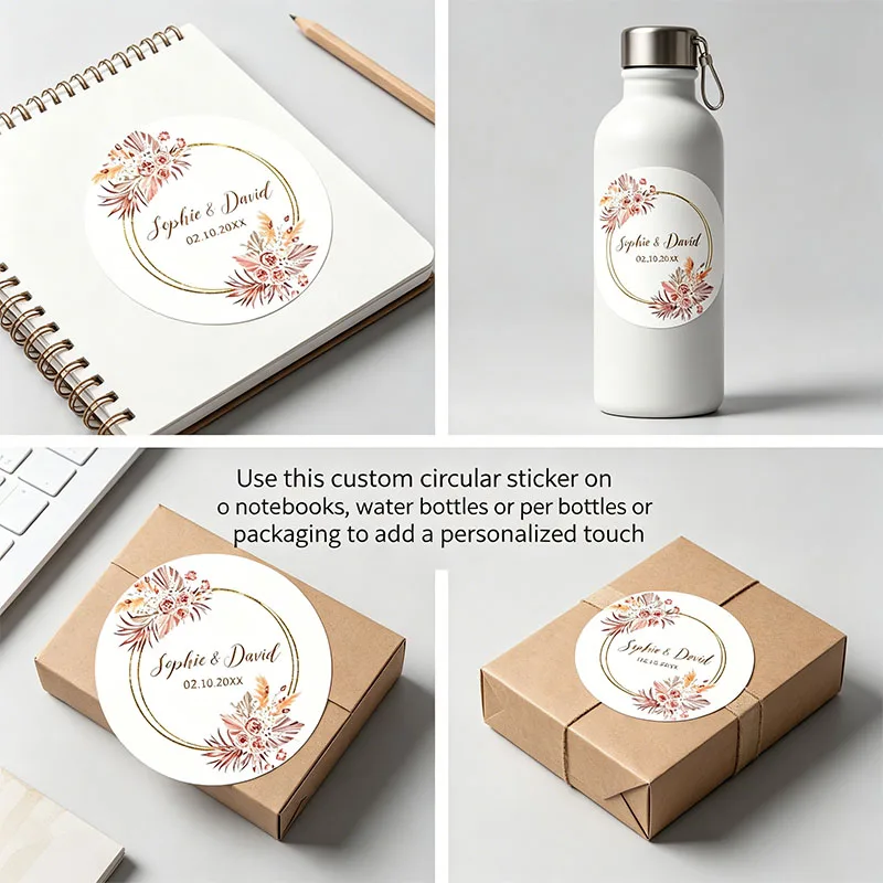 Custom Names Date Wedding Stickers Boho Dusty Pink Floral Gold Circle Label Personalized Favor Sticker For Gift Box Envelope - view 5