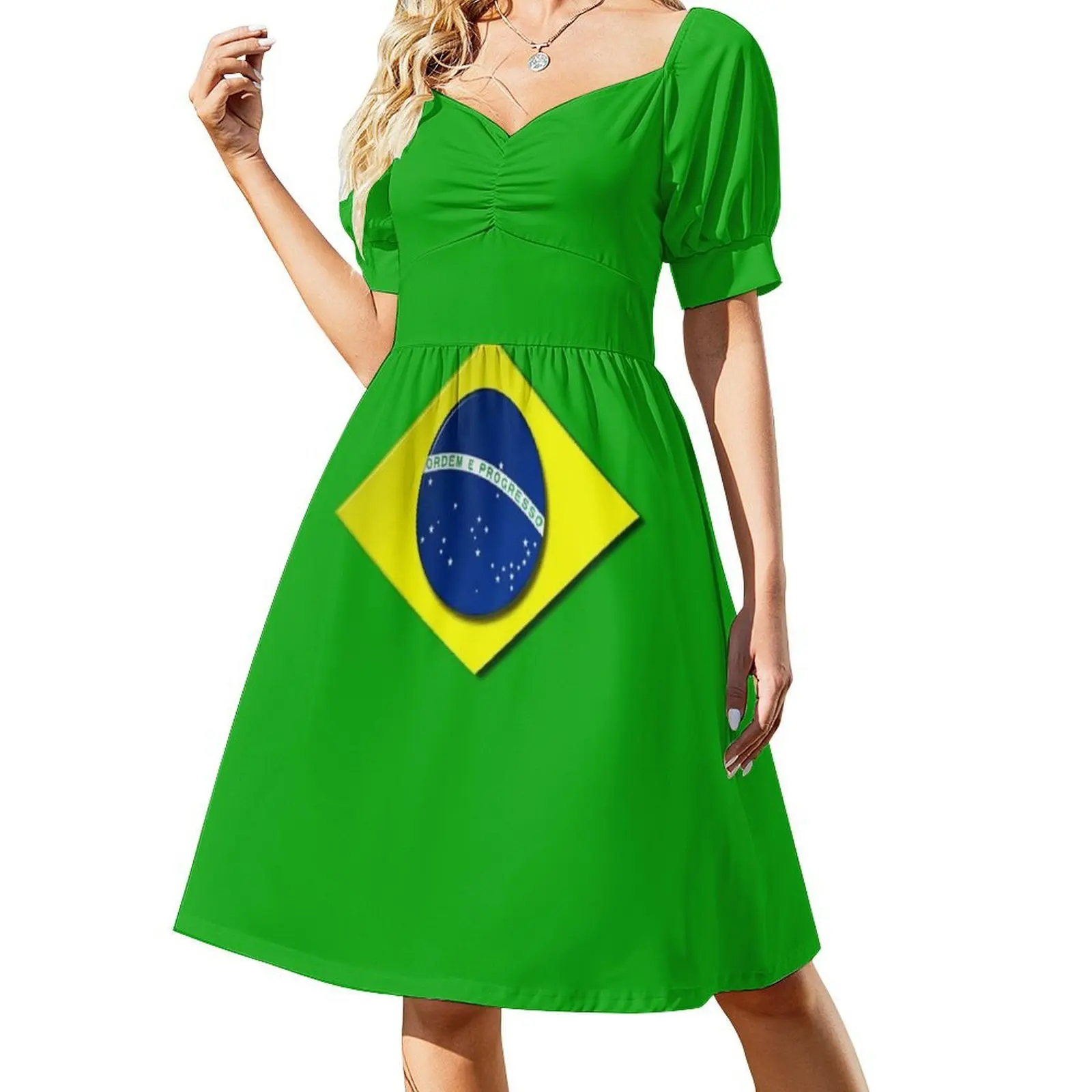 Emblema da bandeira brasileira vestido de festa elegante feminino vestido linha a com opções curtas/longas/sem mangas emblema da bandeira brasileira do brasil