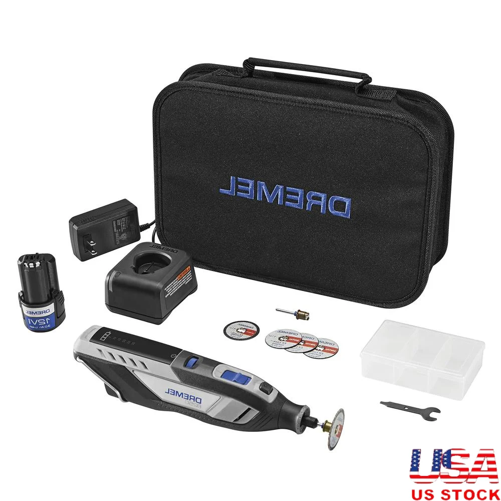 

12V Cordless Rotary Tool Brushless Motor Variable Speed 5000-30000 RPM 3Ah Battery Charger 5 Accessories EZ Twist Cap Multi-Use