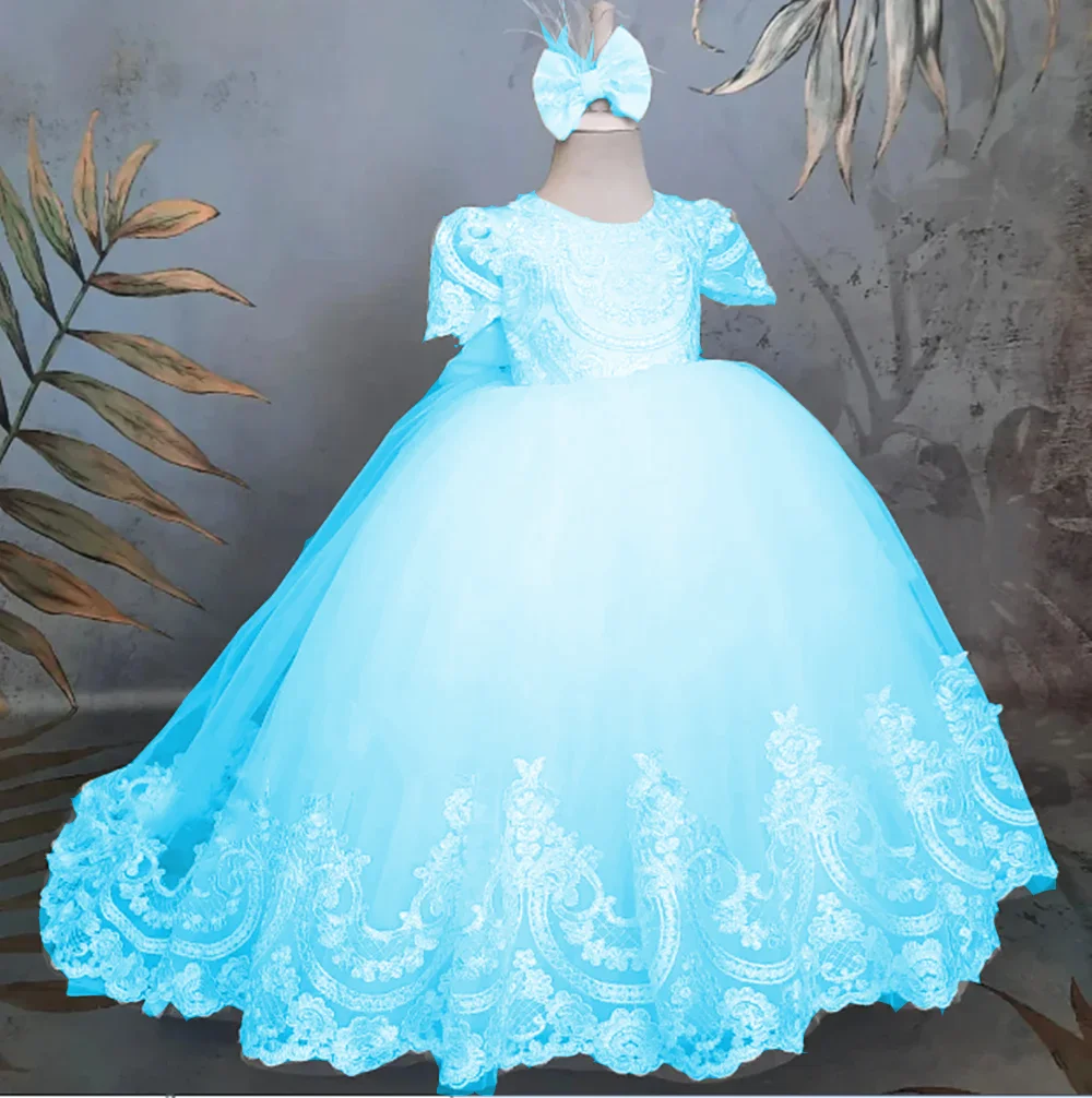 ชุดเดรสพิธีสำหรับเด็กผู้หญิงสีขาว แต่งลูกไม้ แขนสั้นฟูฟ่อง สำหรับงานรับศีลมหาสนิทครั้งแรก งานพรอม งานปาร์ตี้ และถ่ายภาพ