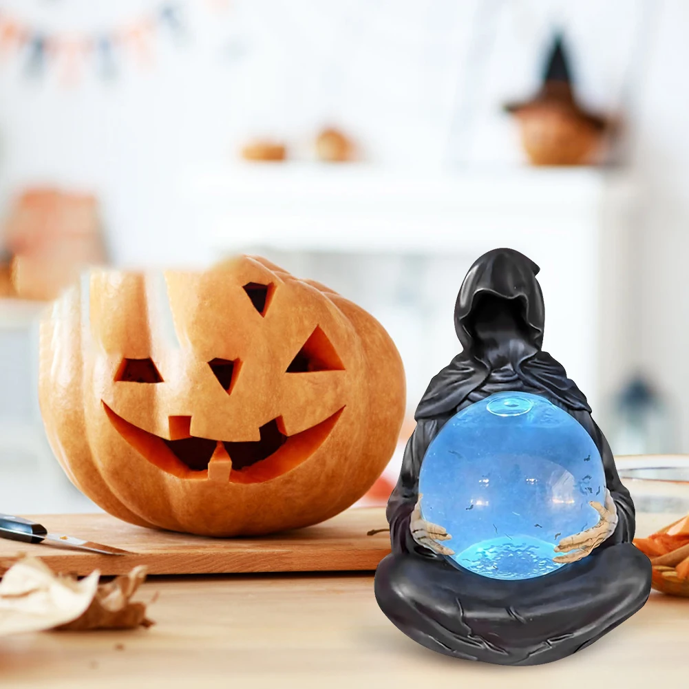 Grim Reaper Figurine with Light Up Ball Gothic Grim Reaper Crystal Ball Statue Grim Reaper Statue with Flying Bats Crystal Ball