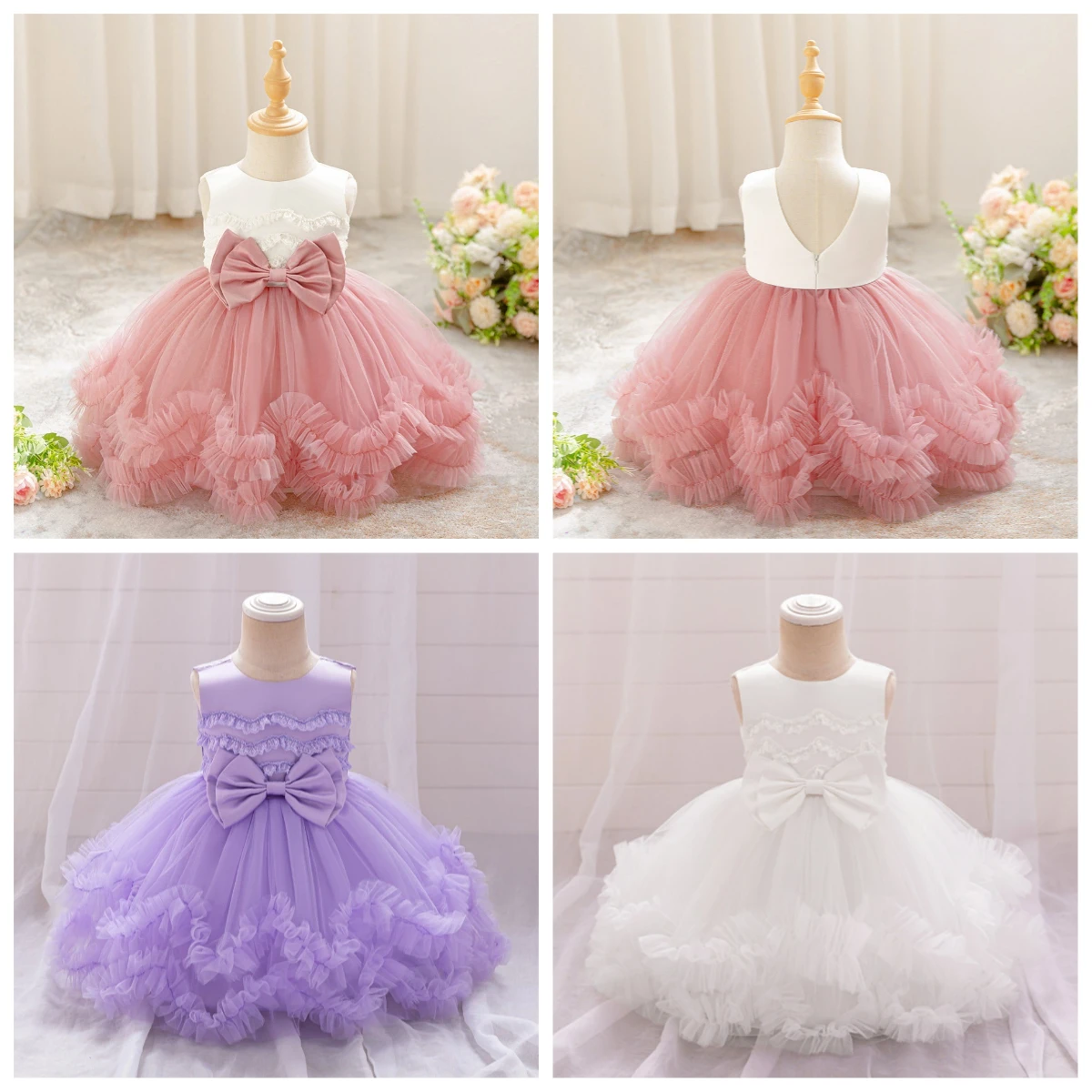 Baby Girls Pink Sleeveless Dress Lace Bodice Bow Tulle Skirt Toddler 1st Birthday Baptism Christening Girl Princess Dress ASQ03