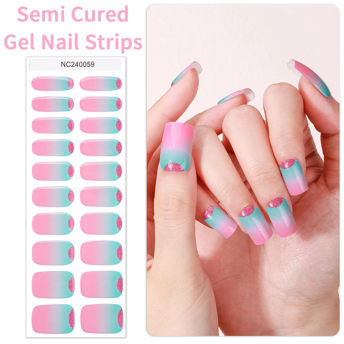 

20Tips French Semi-Cured Gel Nail Wraps Colorful Adhesive Waterproof Long Lasting Gel Nails Stickers for UV Lamp Need Manicure