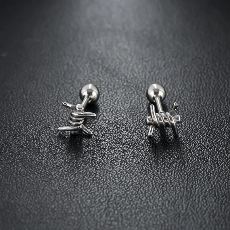 Barbed Wire Screw Back Stainless Steel Stud Earrings Punk Industrial Hypoallergenic Mens Street Piercing Accessories