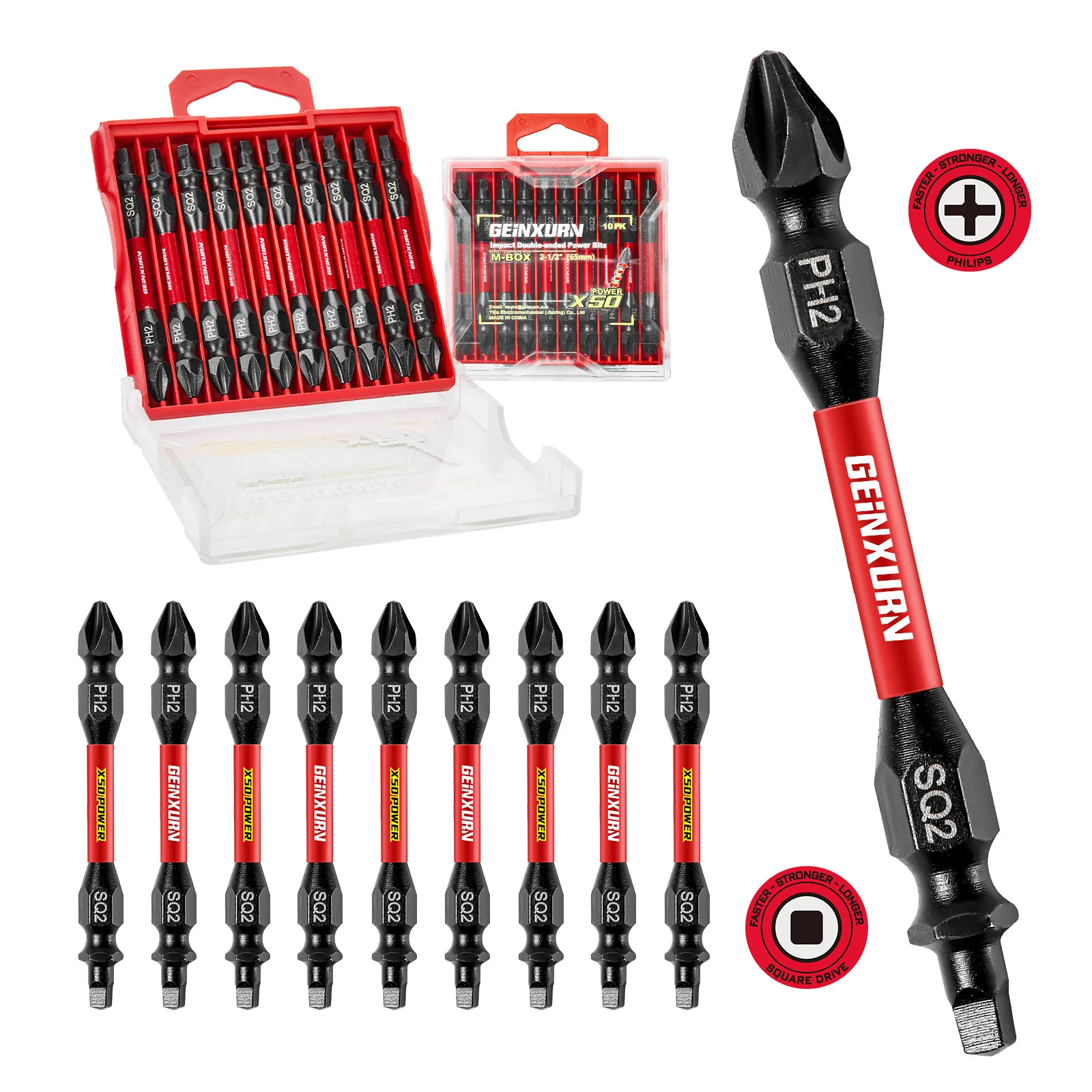 Geinxurn PH2-SQ2 Impact Double End Screwdriver Bit Set, 2.56’’ #2 Phillips/#2 Square, Magnetic S2 Steel, 2-Sided Bits