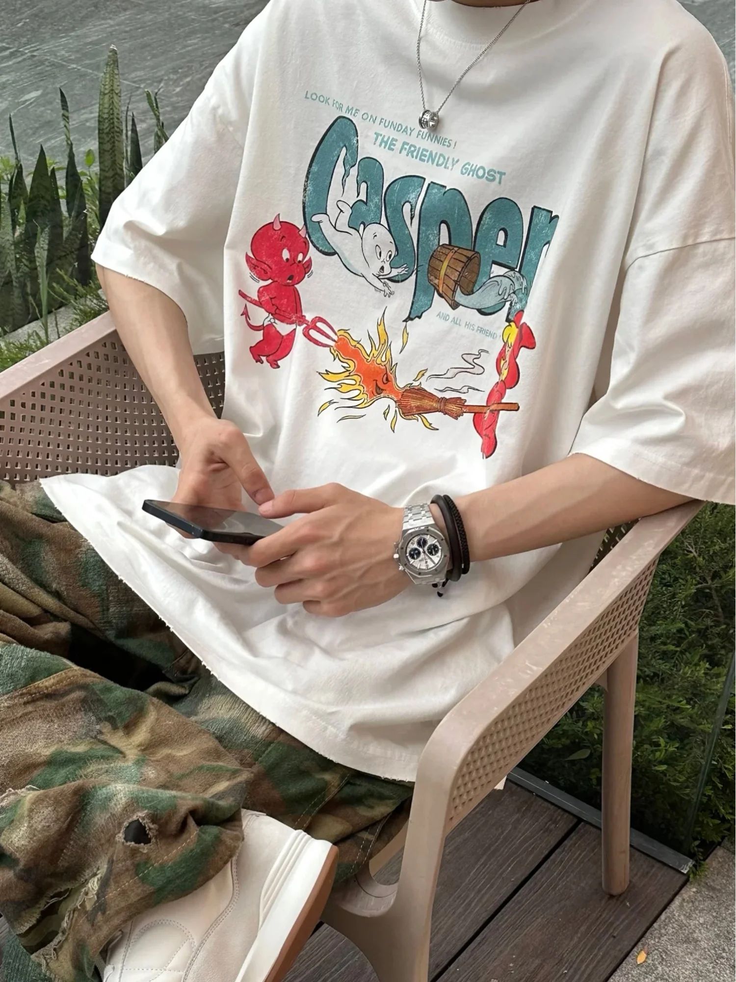 

Футболка Purey Casper Summer Vintage Destroyed с мультяшным принтом, короткий рукав, американский стиль, молодежная, популярная, дышащая, с круглым вырезом