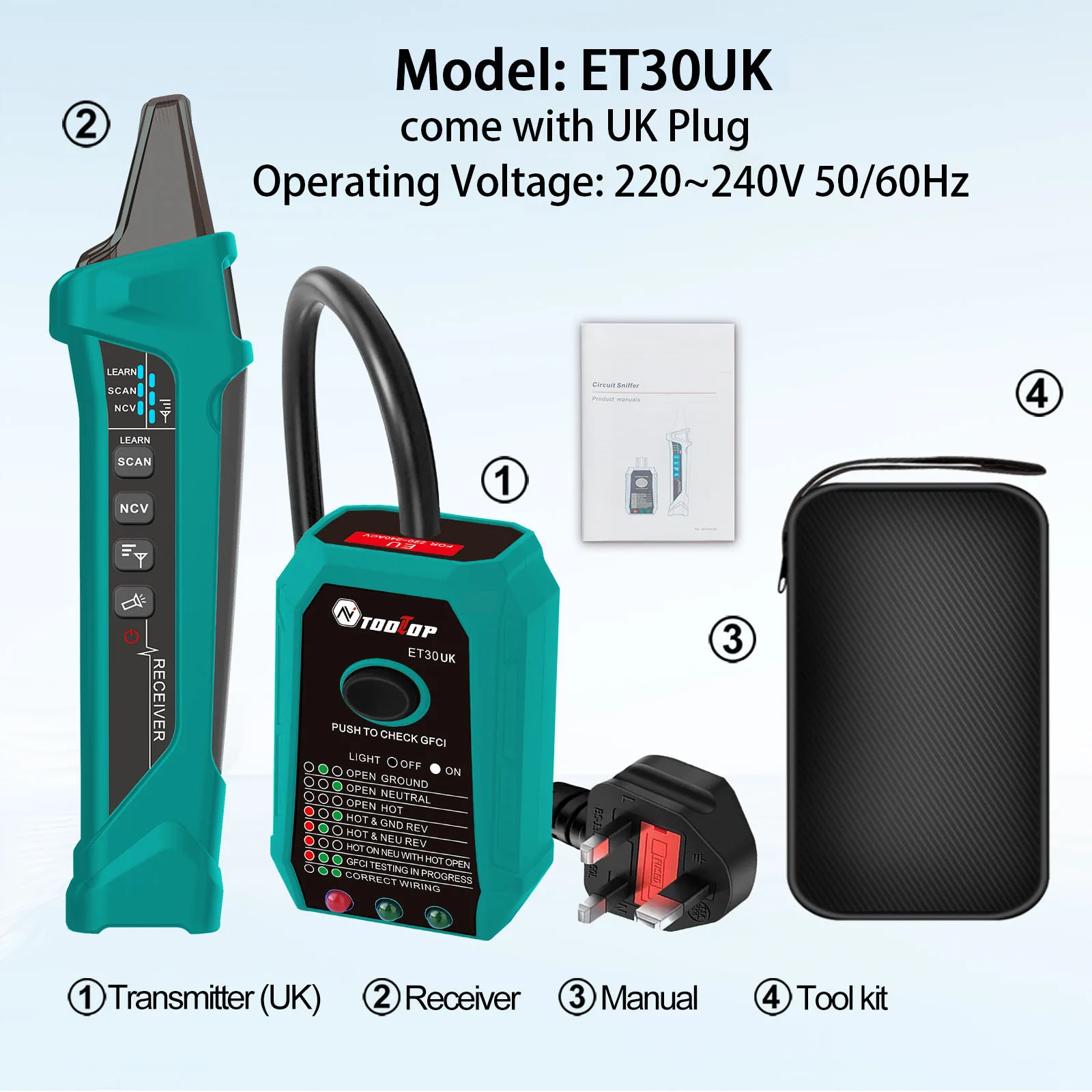 TOOLTOP ET30 GFCI Leitungssuchgerät Steckdosentester EU/US/UK Einstellbare Empfindlichkeit Diagnose von Elektroinstallationen in Wohngebäuden – Detail 15