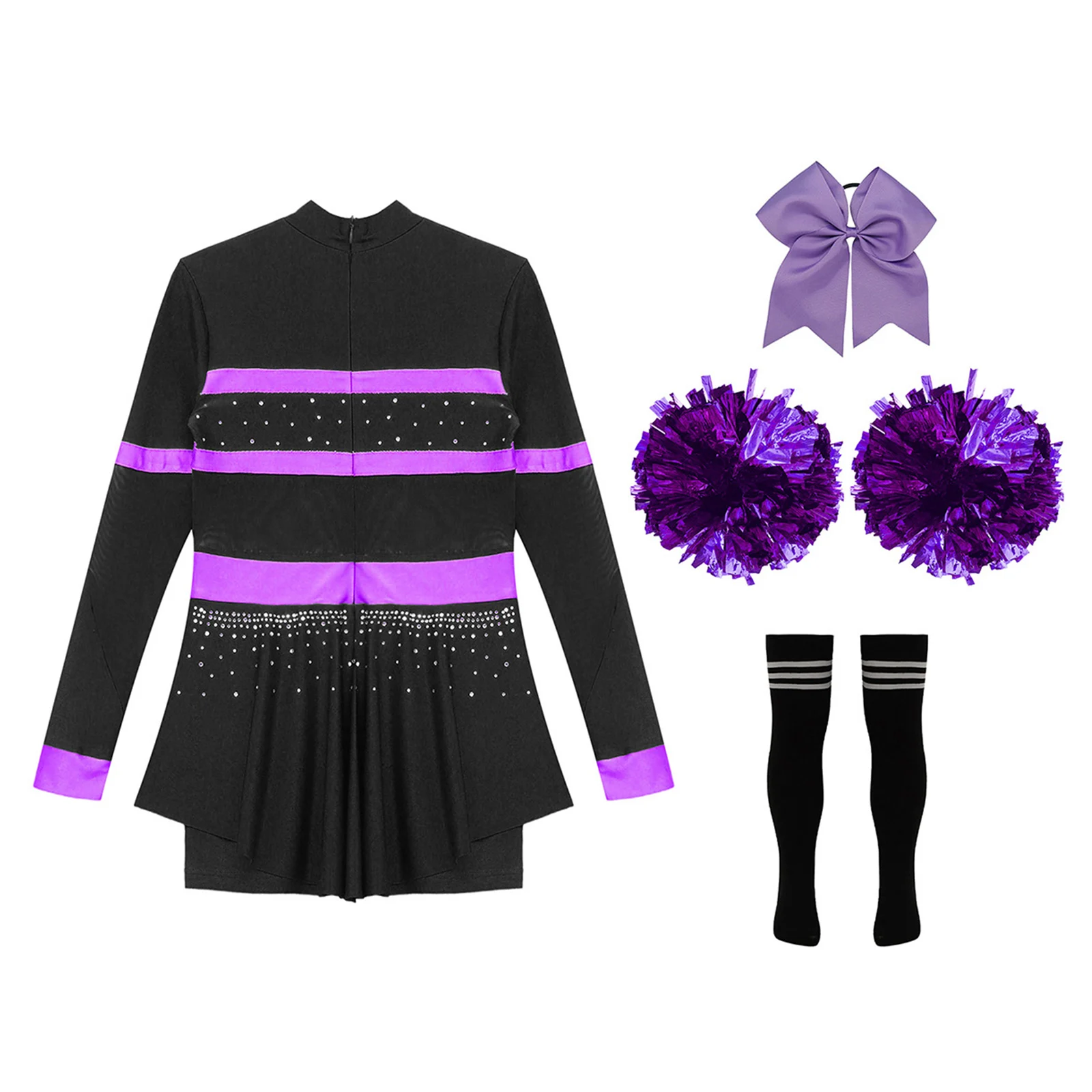 Child Girls Cheerleading Halloween Fancy Dress Outfits Cheer Leader Costume Long Sleeve Dance Leotards Dress and Socks Dancewear